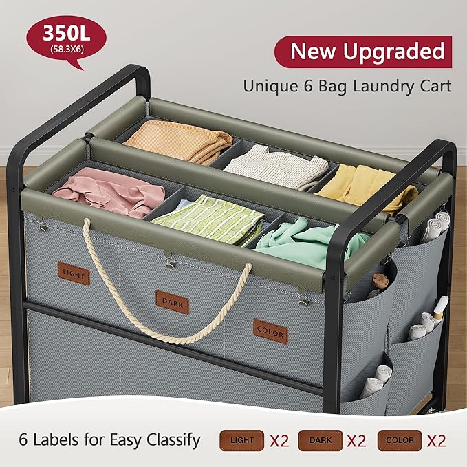 Tajsoon 350L Extra Large Laundry Cart 6 Section, Heavy Duty Laundry Sorter with Lockable Wheels, Laundry Basket with Sturdy Metal Frame, Leather Patchwork Laundry Separated with Removable Bags, Grey