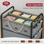 Tajsoon 350L Extra Large Laundry Cart 6 Section, Heavy Duty Laundry Sorter with Lockable Wheels, Laundry Basket with Sturdy Metal Frame, Leather Patchwork Laundry Separated with Removable Bags, Grey