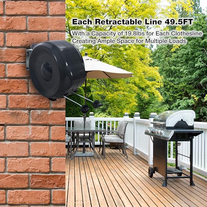 JS Hanger Retractable Clothesline Outdoor Indoor Laundry Line - 99 FT Double Lines Heavy Duty Wall Mounted Washing Line, 30M Portable Clothes Drying Line with 24pcs Free Pegs (Black)