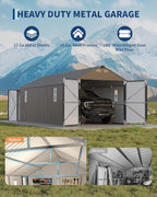 Garvee 12x25 ft Enclosed Metal Car Port, Oversized Carport with Vertical Steel Roof for All-Weather Use, Metal Garage Shed with Man Door for Full-Sized Pickup Trucks & SUV, Gray