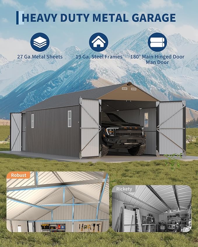Garvee 12x25 ft Enclosed Metal Car Port, Oversized Carport with Vertical Steel Roof for All-Weather Use, Metal Garage Shed with Man Door for Full-Sized Pickup Trucks & SUV, Gray