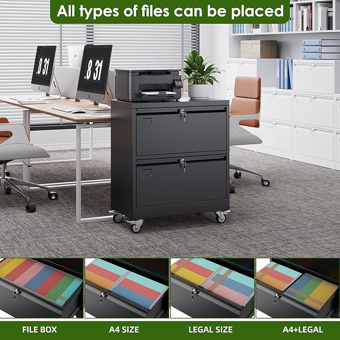 Aobabo 2 Drawer Lateral File Cabinet with 4 Detachable Wheels,Steel Filing Storage with Independent Locks and Index Card Holders for Home Office, 15.87" D x 28.94" W x 34" H, Black,Required Assembly