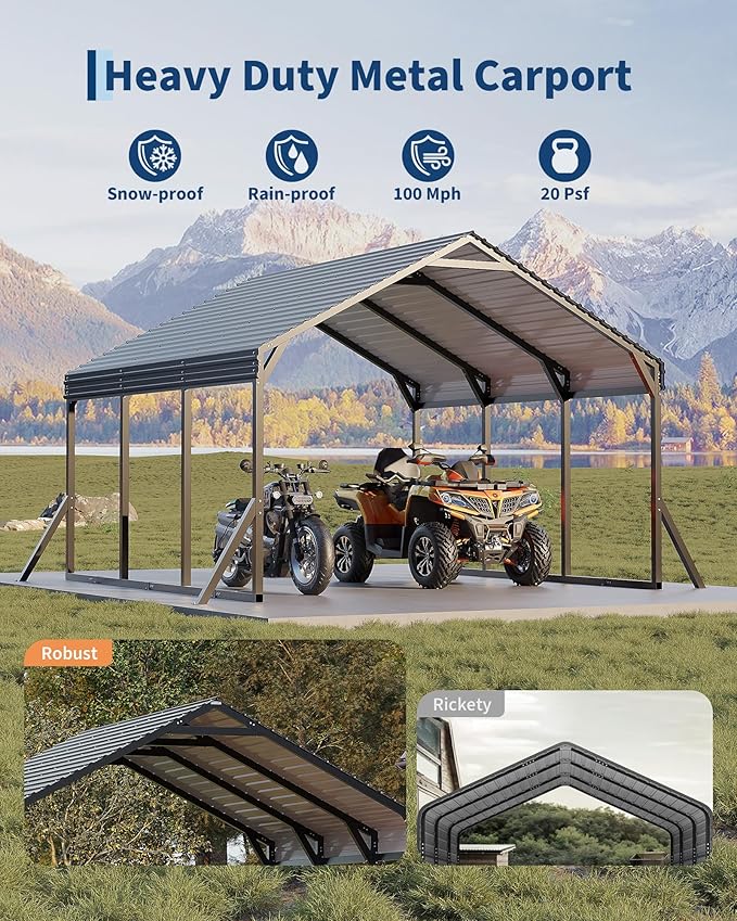 Garvee 12x13x9 ft Metal Carport, Car Port with Reinforced Frame and Steel Roof for All-Weather Use, Permanent Shelter for Cars, Motorcycles, ATVs, or Boats