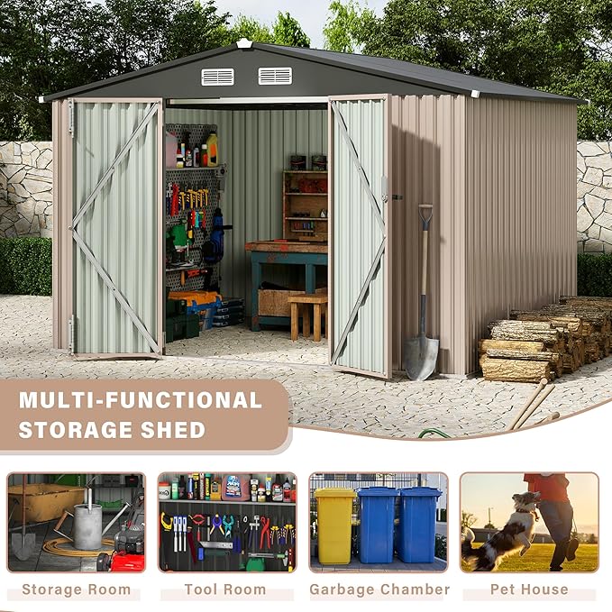 6x8 ft Metal Storage Shed, Outdoor Garden Tool Shed with Lockable Doors & Sloped Roof, Rustproof Galvanized Steel Shed for Backyard, Patio, Lawn Brown