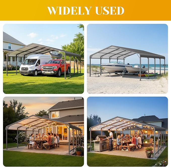 20x20 FT Car Port, Metal Carport for 2 Cars, Heavy Duty Canopy Carport with Updated Roof & Enhanced Base, Garage Vertaile Carports for RV Car, Truck, Boat, Tractors, Party, Grey