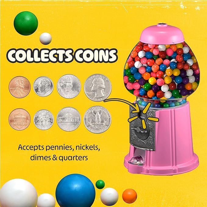 15” Gumball Machine with Stand and Coin Bank - Bubble Gum Machine Candy Dispenser with Glass Globe and Metal Base - Vintage Style Gum Ball Vending Dispenser by Great Northern Popcorn (Pink)