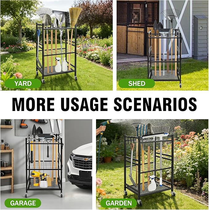 REDCAMP Garden Tool Organizer,Yard Tool Tower Rack for Garage,3 Tier Metal Yard Tools Storage up to 35 Long-Handled Tools/Rakes/Brooms, Heavy Duty Garden Tool Organizer for Garage, Yard, Patio, Shed