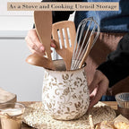 Utensil Holder for Kitchen Counter, Modern Farmhouse Cooking Utensil Holder and Crock Home Kitchen Decor, Ceramic Utensil Organizer for Spatula, Ladle, Eggbeater, Rolling Pin- Brown Flower Patterns
