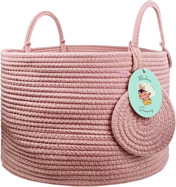 Modern Granny Small Cotton Rope Laundry Basket 16x10 Inch Dual Secure Woven Handle for Living Room Closet Clothes Blanket Organization