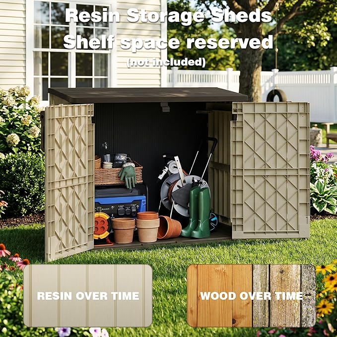 LHBcraft Waterproof Outdoor Storage Box 36 Cu Ft with Lockable Doors, Portable Horizontal Resin Storage Cabinet, Outdoor Storage Shed for Backyards, Easy to Assemble