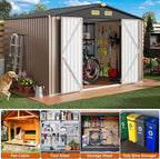 IRONCK 10x8FT Outdoor Storage Shed with Breathable Vent, Galvanized Steel Metal Tool Shed with Lockable Doors for Yard Bins/Generator/Wheelbarrow Garden Storage, Brown
