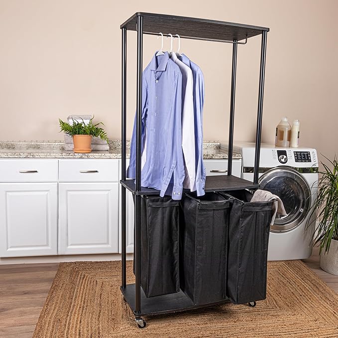 Household Essentials 3-Bag Laundry Center, Smooth Laminate Shelving, Sturdy Steel Frame