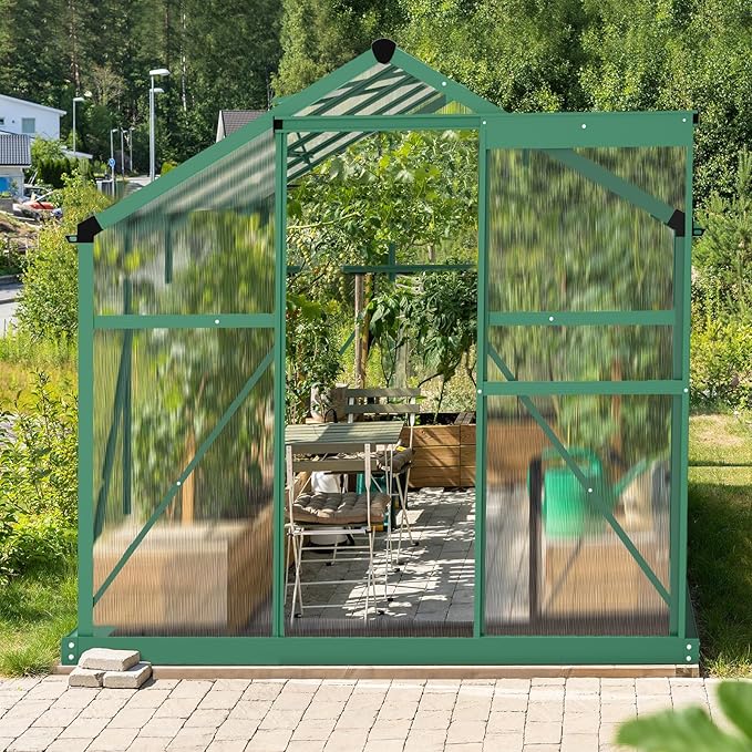 6x10 FT Greenhouse for Outdoors,Greenhouse with Roof Vent,Lockable Push Door,Aluminum Large Walk-in Green House for Outside Garden Backyard, Patio, Lawn (Green)