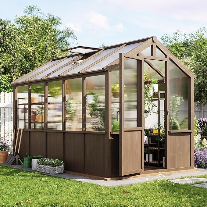 Heavy Duty Spruce Frame Wooden Greenhouse – Walk-in Outdoor Garden Outdoor Storage with Polycarbonate Panels, Adjustable Roof Vents, Lockable Door, Spacious Storage, Ideal for Patio, Lawn,