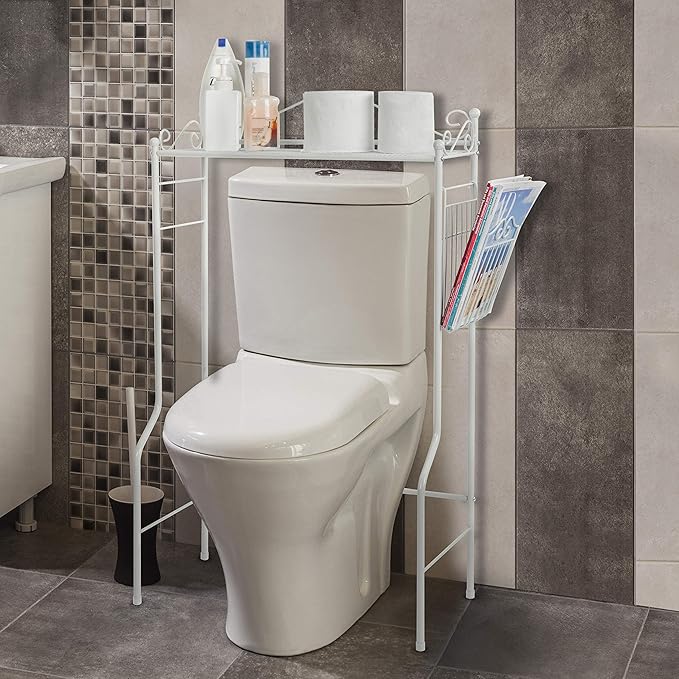 MyGift Over The Toilet Standing Shelf Storage with Magazine Basket, Freestanding Bathroom Space Saver Organizer Rack, White Metal Vintage Scrollwork Accents