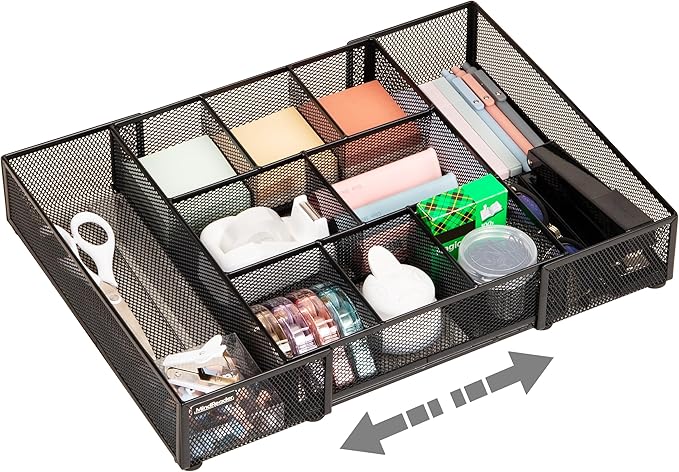 Mind Reader Expandable Mesh Desk Drawer Organizer, Adjustable from 9.25" to 17.125", Office Supply Storage Tray, Makeup Organizer, Black