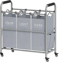 Tajsoon 3 Bag Laundry Sorter Cart, Laundry Hamper Sorter Basket with Heavy Duty Lockable Rolling Wheels for Clothes Storage, Grey & White
