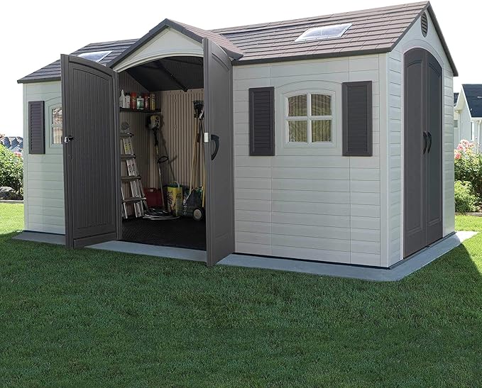 Lifetime 15×8 Ft Dual‑Entry Outdoor Storage Shed, Steel‑Reinforced, UV‑Protected, Weather‑Resistant Backyard Garden Shed with Skylights, Windows & Shelving, Desert Sand