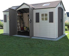 Lifetime 15×8 Ft Dual‑Entry Outdoor Storage Shed, Steel‑Reinforced, UV‑Protected, Weather‑Resistant Backyard Garden Shed with Skylights, Windows & Shelving, Desert Sand
