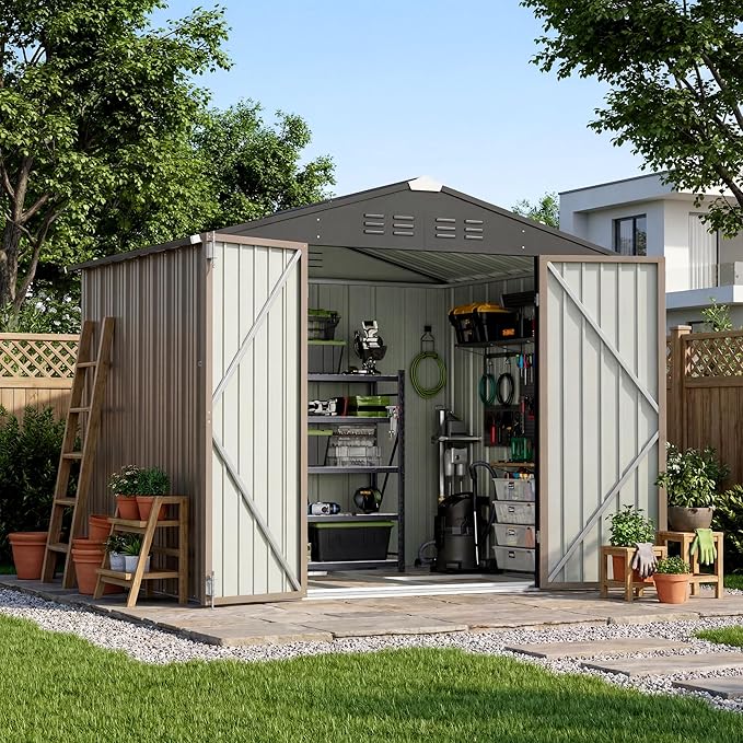 Devoko 8 x 6 FT Metal Storage Shed with Floor Frame Waterproof Garden Tool Shed with Lockable Door, Outdoor Shed Storage House for Backyard Patio Lawn, Brown