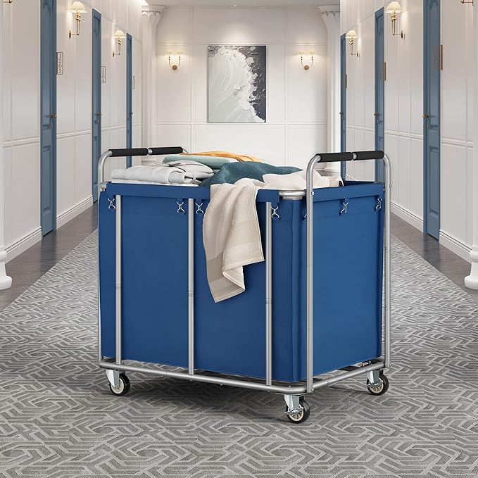 Tajsoon Large Laundry Cart with Wheels, 450L Heavy Duty Laundry Basket with Handle, Rolling Laundry Hamper for Clothes Storage, Clothes Sorter for Laundry, Hotel, Bathroom, Bedroom, Blue