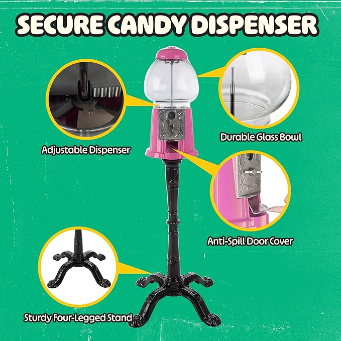 15” Gumball Machine with Stand and Coin Bank - Bubble Gum Machine Candy Dispenser with Glass Globe and Metal Base - Vintage Style Gum Ball Vending Dispenser by Great Northern Popcorn (Pink)