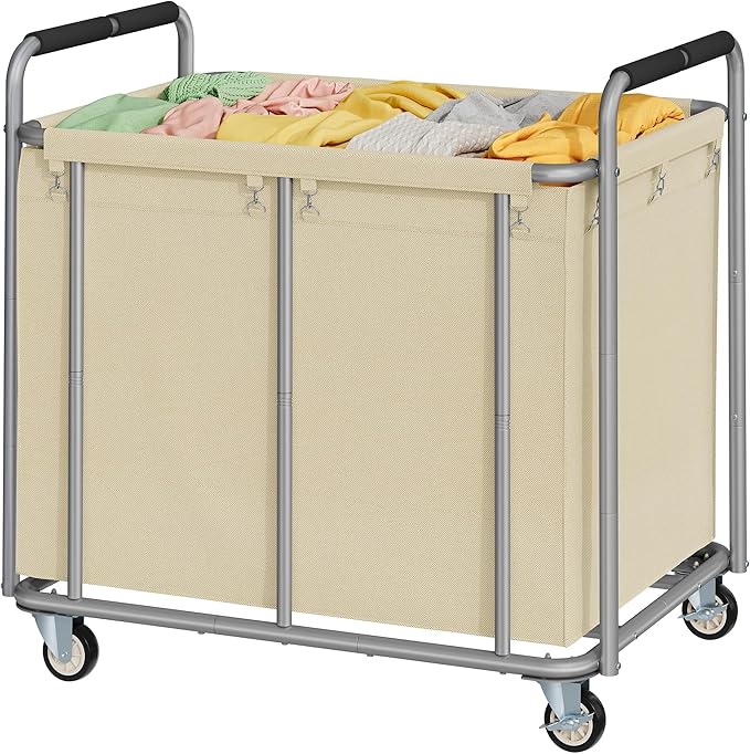 Tajsoon 450L Extra Large Laundry Basket with Wheels, Rolling Laundry Hamper with Handle, Heavy Duty Laundry Cart with Metal Frame, Commercial Laundry Sorter for Hotel, Bathroom, Bedroom, Khaki