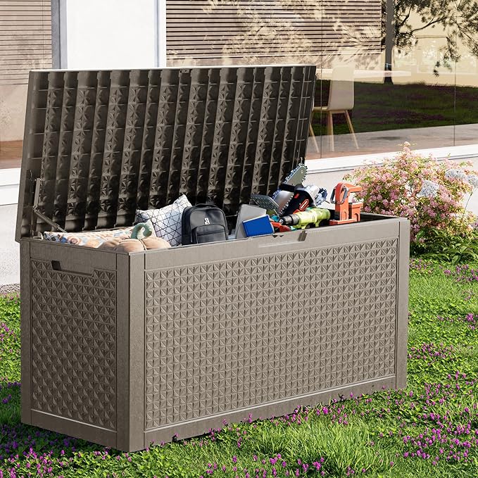 110 Gallon Deck Box Outdoor, Waterproof Outdoor Storage Boxes with Lids, Outside Resin Lockable Storage Box for Patio Cushions, Garden Tools(Grey)