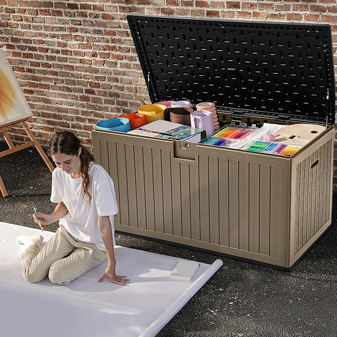 DWVO 230 Gallon Resin Outdoor Storage Box, XXL Double-Wall Waterproof Deck Box with Divider, Doubles as Table or Seating with 1000 lbs Capacity, Lockable (Black&Brown)