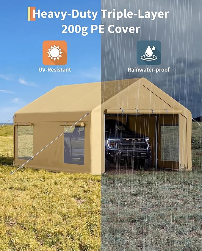 Garvee 10x20 ft Portable Garage, Car Port with 200 g PE Tarp Canopy, with 2 Roll-Up Doors and 4 Windows, for Temporary Paint Booth, Boats&Pickups Shed, and Event Shelter, Khaki