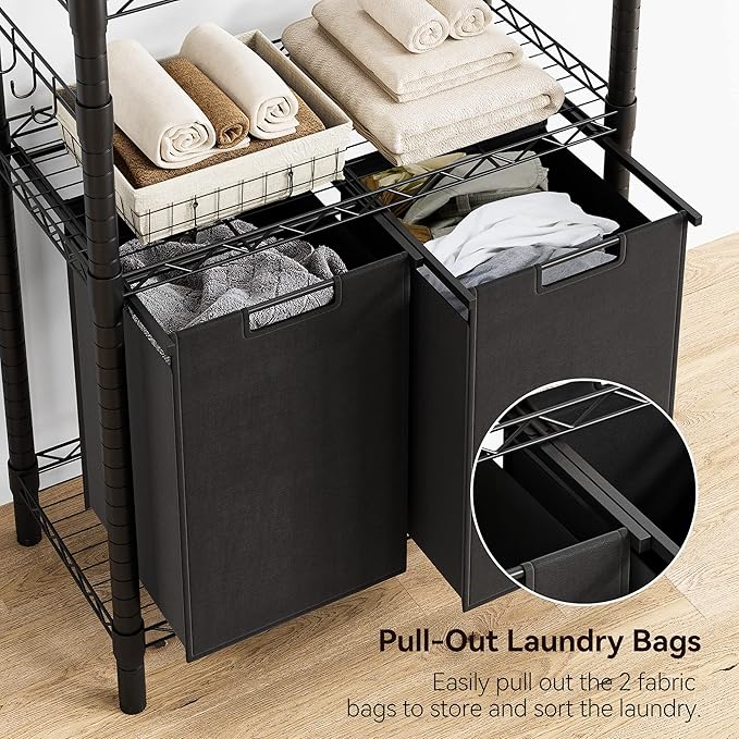 GAOMON Laundry Hamper, Laundry Sorter with 2 Pull-Out & Removable Bag,Laundry Basket Organizer with 2 Tier Adjustable Storage Shelf for Laundry Room,Bathroom,Dorm Organization