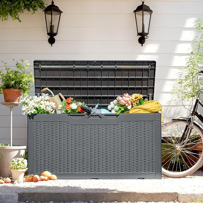 Flamaker Outdoor Storage Box 100 Gallon Waterproof Resin Deck Box Delivery Box with Air Rod Indoor Outdoor Lockable Storage Bench for Patio Cushions, Tools, Pool Accessories (Gray)