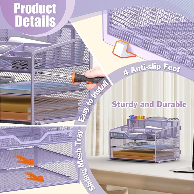 Docnest 3 Tier Mesh Desk Organizer for Paper Office Supplies – Multi-Functional Letter Tray with 5 Adjustable Compartments, 3 Pen Holders, Desktop Storage for Files, Mail, Stationery – Purple