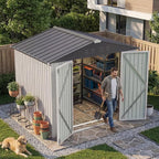 Devoko 8 x 6 FT Metal Storage Shed with Floor Frame Waterproof Garden Tool Shed with Lockable Door, Outdoor Shed Storage House for Backyard Patio Lawn, White