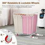 Hoctieon 2 Section Laundry Sorter Cart, 400L Rolling Hamper with Wheels, Industrial Laundry Basket Organizer, Extra Large Dirty Clothes Hamper for Home & Hotel, Heavy Duty, Pink+Beige