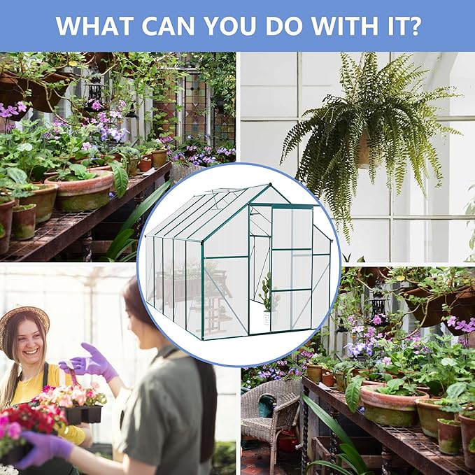 6X10FT Greenhouse for Outdoor, Polycarbonate Greenhouse with Raised Base and Anchor, Heavy-Duty Walk-in Green House with Adjustable Roof Vent and Gutter System for Patio,Backyard (Green, 6X10FT)