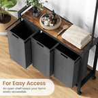 Laundry Basket With Wheels, Wood Shelf, Laundry Sorter With Retractable Hanging Bar, Laundry Hamper 3 Section, 3 × 13 Gal (49.2 L), Rolling Laundry Hamper With Hanging Rack For Laundry Room