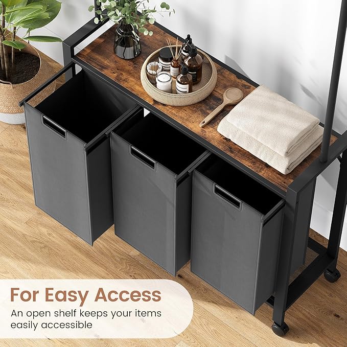 Laundry Basket With Wheels, Wood Shelf, Laundry Sorter With Retractable Hanging Bar, Laundry Hamper 3 Section, 3 × 13 Gal (49.2 L), Rolling Laundry Hamper With Hanging Rack For Laundry Room