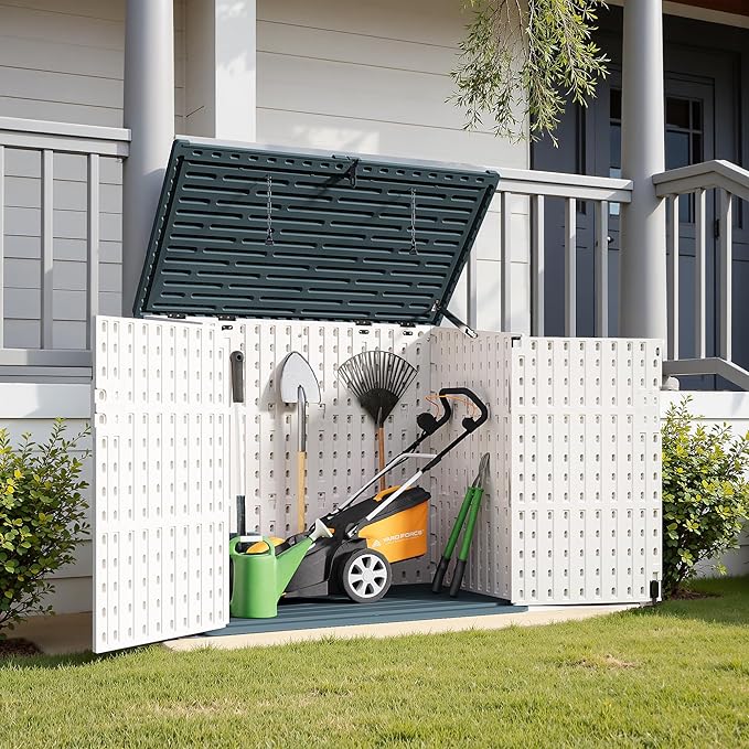 Greesum Outdoor Trash Can Storage Shed, 34 Cu.ft Horizontal Outdoor Storage Cabinet, Waterproof for Garden, Pool Storage, Garbage Cans, Beige
