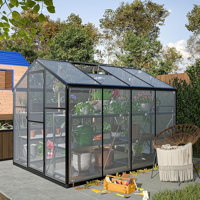 Large Walk-in Clear Polycarbonate Greenhouse with Rain Gutters & Adjustable Roof Vent - Sturdy Aluminum Frame Outdoor Plant House for Vegetable, Flower & Garden Growth-Outbuilding (6x8 ft)