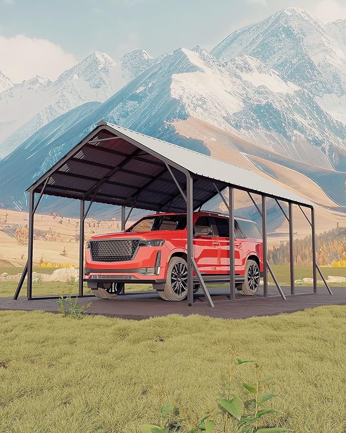 Garvee 13x21 ft Metal Carport Kit, 120° Steep-Pitch Vertical Roof for Snow Shedding, 133" High-Clearance Full-Sized Pickup & Van Shelter, Heavy-Duty Metal Car Port with Reinforced Frame