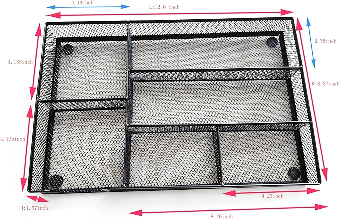 Desk Drawer Organizer tray, Mesh Drawer Organizer Tray for Office, School or Home Supplies Desktop Storage Stationery,bathroom,kitchen, 6 Compartments, 12.6 x 8.27 x 1.57 inch, Black