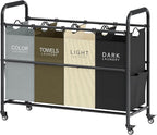 Tajsoon 4 Bag Laundry Sorter Cart, 4 Section Laundry Hamper Sorter with Heavy Duty Lockable Rolling Wheels, Laundry Separator Hamper with Removable Bags for Dirty Clothes Storage, 4 Colors