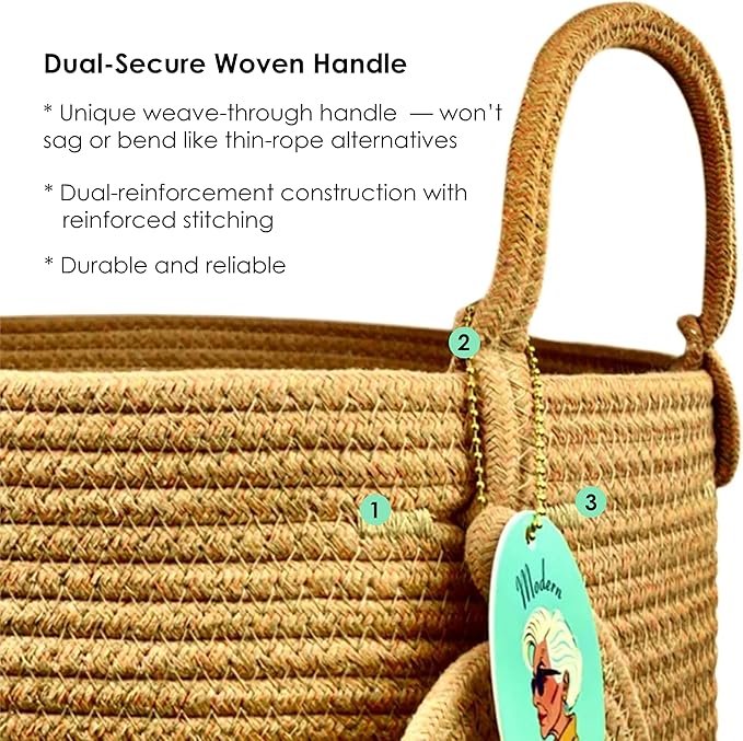 Modern Granny Small Cotton Rope Laundry Basket 16x10 Inch Dual Secure Woven Handle for Living Room Closet Clothes Blanket Organization