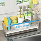 Cisily Extra Large Sink Caddy Organizer with Drying Stone, Silver Sponge Holder for Kitchen, Dish Brush Holder for Countertop, Kitchen Decor Storage and Essentials