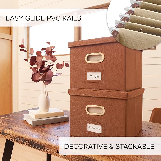 ZICOTO Decorative File Organizer Box Set of 2 - Collapsible Linen Filing Cabinets w/Handles Are Perfect to Store all Your Documents & Hanging File Folders - Portable Easy Slide Crates with Lid
