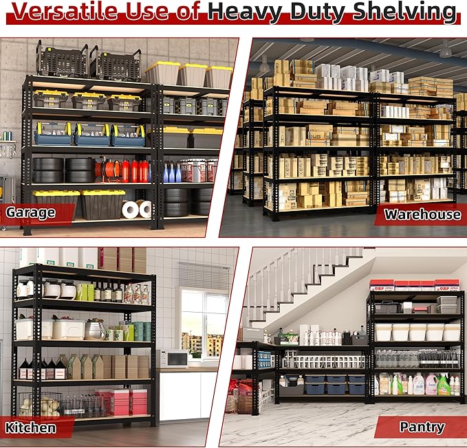 4 Packs 35.5" W x 16" D x 71" H Adjustable Garage Storage Shelves - 5-Shelf Heavy Duty Shelving Unit, Metal Utility Storage Organizer Racks for Warehouse Pantry Closet Kitchen, Black