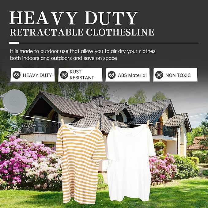 Retractable Clothesline Heavy Duty Retracting Clothes Line Outdoor and Indoor with Durable ABS Shell and 38 Feet Extruded PVC Line,with Lock to Prevent Sagging