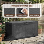 EFU Outdoor Storage Box 100 Gallon Deck Box Resin Outdoor Toy Storage With Lockable Lid, Hydraulic Struts, Rattan Style Package Delivery Boxes for Outside Patio Yard Garden (Black)