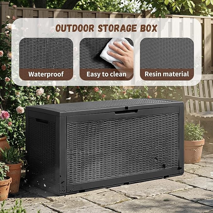 EFU Outdoor Storage Box 100 Gallon Deck Box Resin Outdoor Toy Storage With Lockable Lid, Hydraulic Struts, Rattan Style Package Delivery Boxes for Outside Patio Yard Garden (Black)